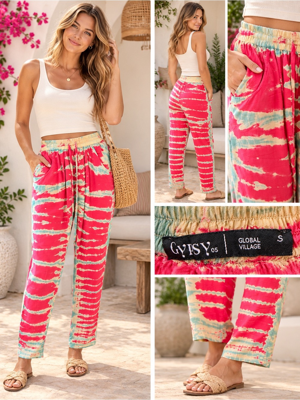 Gypsy 05 Coral & Aqua Tie-Dye Straight Leg Drawstring Pants